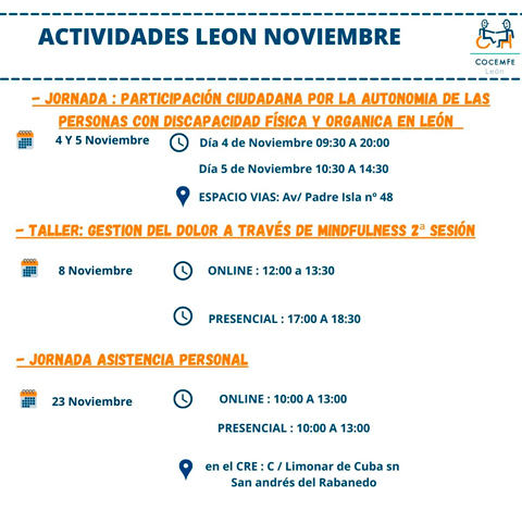 Actividades Cocemfe León en noviembre en León